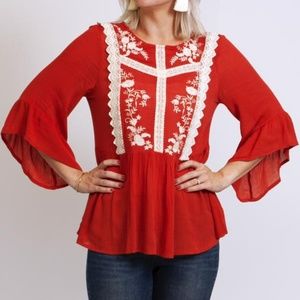 Embroidered Flutter Sleeve Boho Blouse